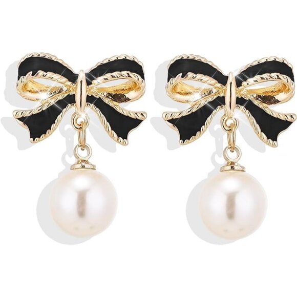 Black Bow Earrings for Women, Pearl Ribbon Dangle Jewelry Gifts - Picture 1 of 5